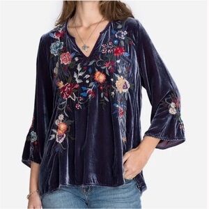 Johnny Was Pina Embroidered Velvet Flutter Sleeve Blouse